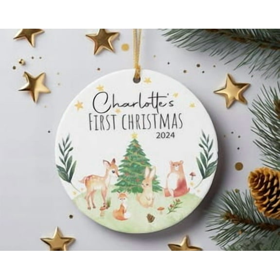 Baby Girl First Christmas Ornament 2024 Personalized Woodland Animal Ornament Custom Baby Name Ornament Round 3"