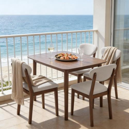 47-Inch 5-Piece Dining Table Set, Walnut Finish Table with 4 Cream White Upholstered Chairs, Space-Saving Compact Kitchen Dinette