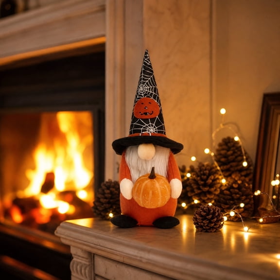 Halloween Indoor Outdoor Gnome Decorations, Garden Gnome Figurine with Witch Hat & Pumpkin Accessories,for Tabletop Shelf Mantel Party Ornament Halloween Festival Home Decor Gift