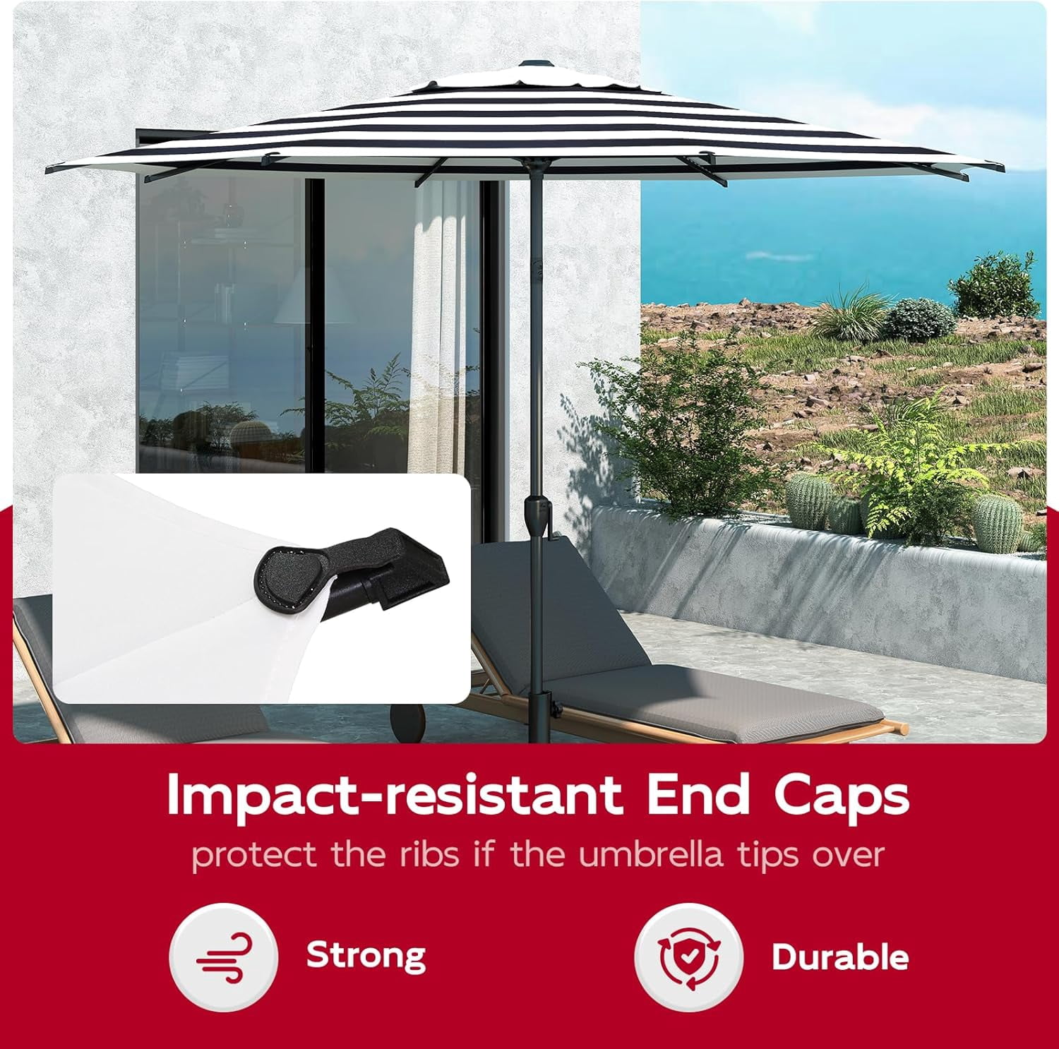 Abba Patio 9ft Outdoor Patio Umbrella w/ Push Button Tilt and Crank, 8 Ribs, Black & White Stripe