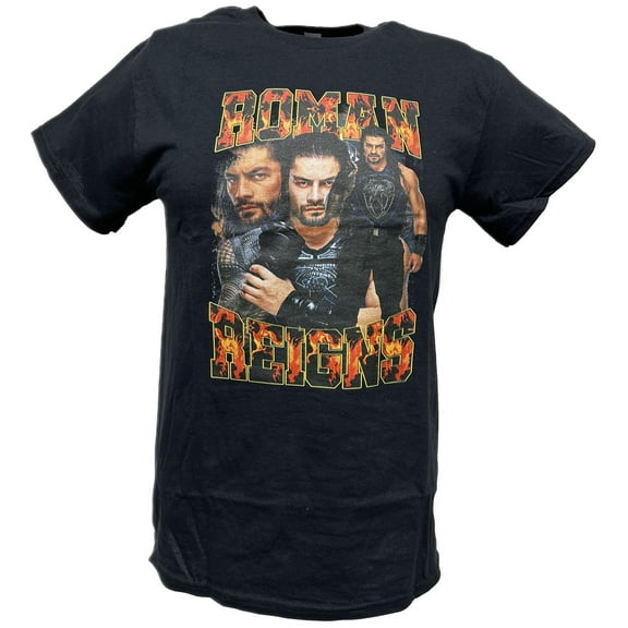 Roman Reigns Three Pose Fire Mens Black T-shirt