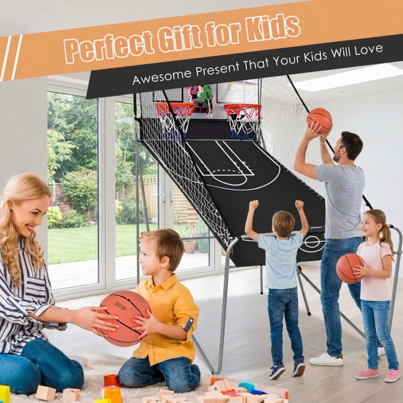 Redsmile Foldable Double Electronic Basketball Game with 4 Balls, Indoor Arcade Basketball Hoop with Dual Electronic Scoreboard Infrared Sensors and Sound Effects, Family Game Toy, Gray