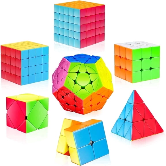 AuntyFey Speed Cube Set, 7 Packs Speed Magic Cube with 3x3, 2x2, 4x4, Pyramid, Megaminx Stickerless Cube for Kids Toddlers Adults, Puzzle Cube Set for Kid