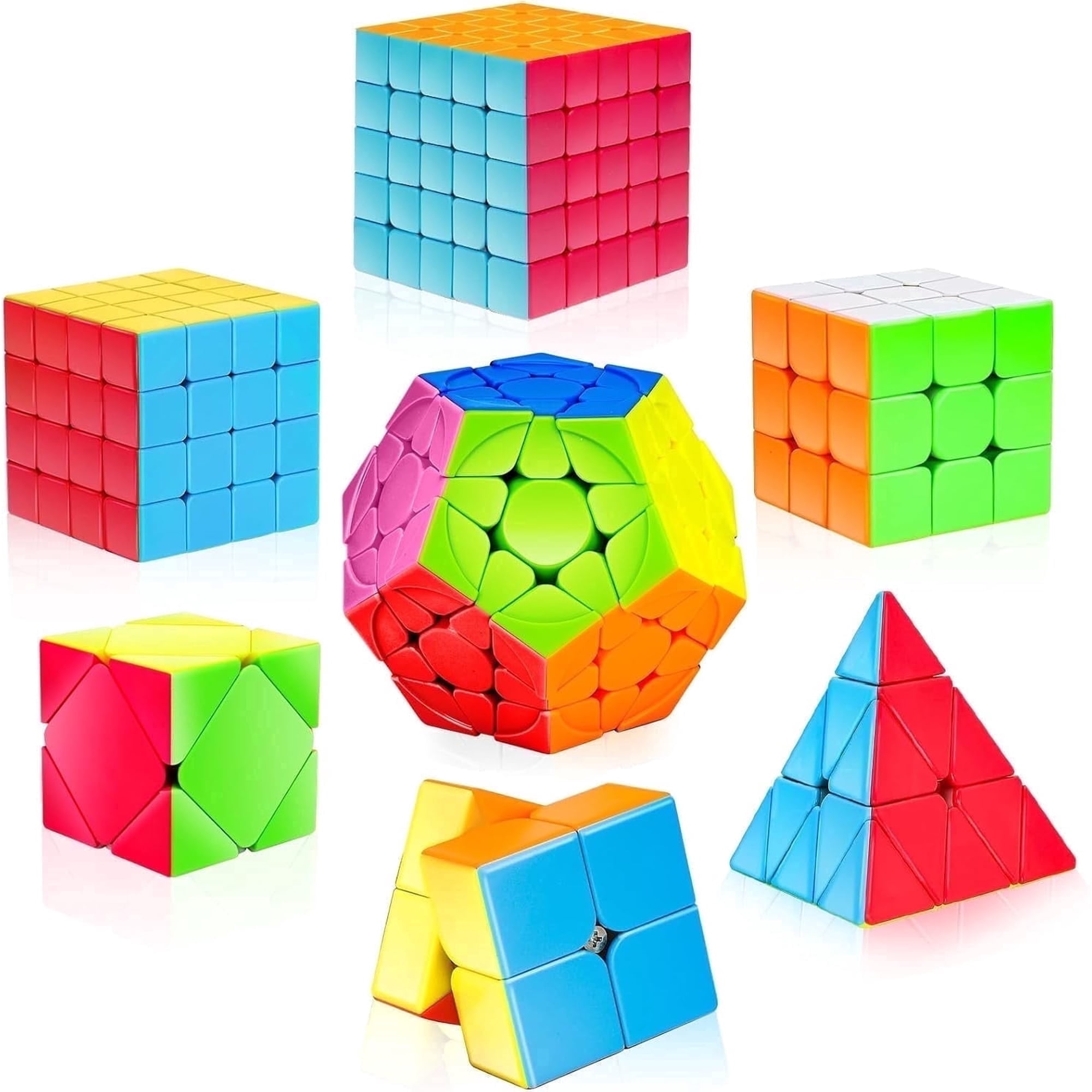 AuntyFey Speed Cube Set, 7 Packs Speed Magic Cube with 3x3, 2x2, 4x4, Pyramid, Megaminx Stickerless Cube for Kids Toddlers Adults, Puzzle Cube Set for Kid