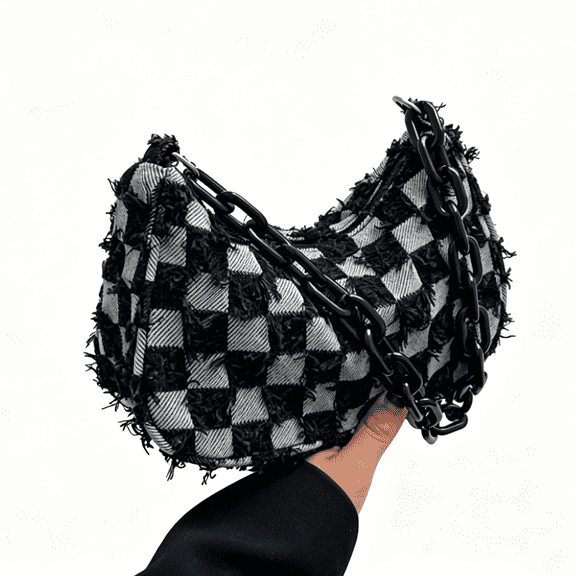 Frayed Checkered Denim Shoulder Bag for Women, Chunky Chain Strap Hobo Handbag Casual Zipper Bag for Daily Travel