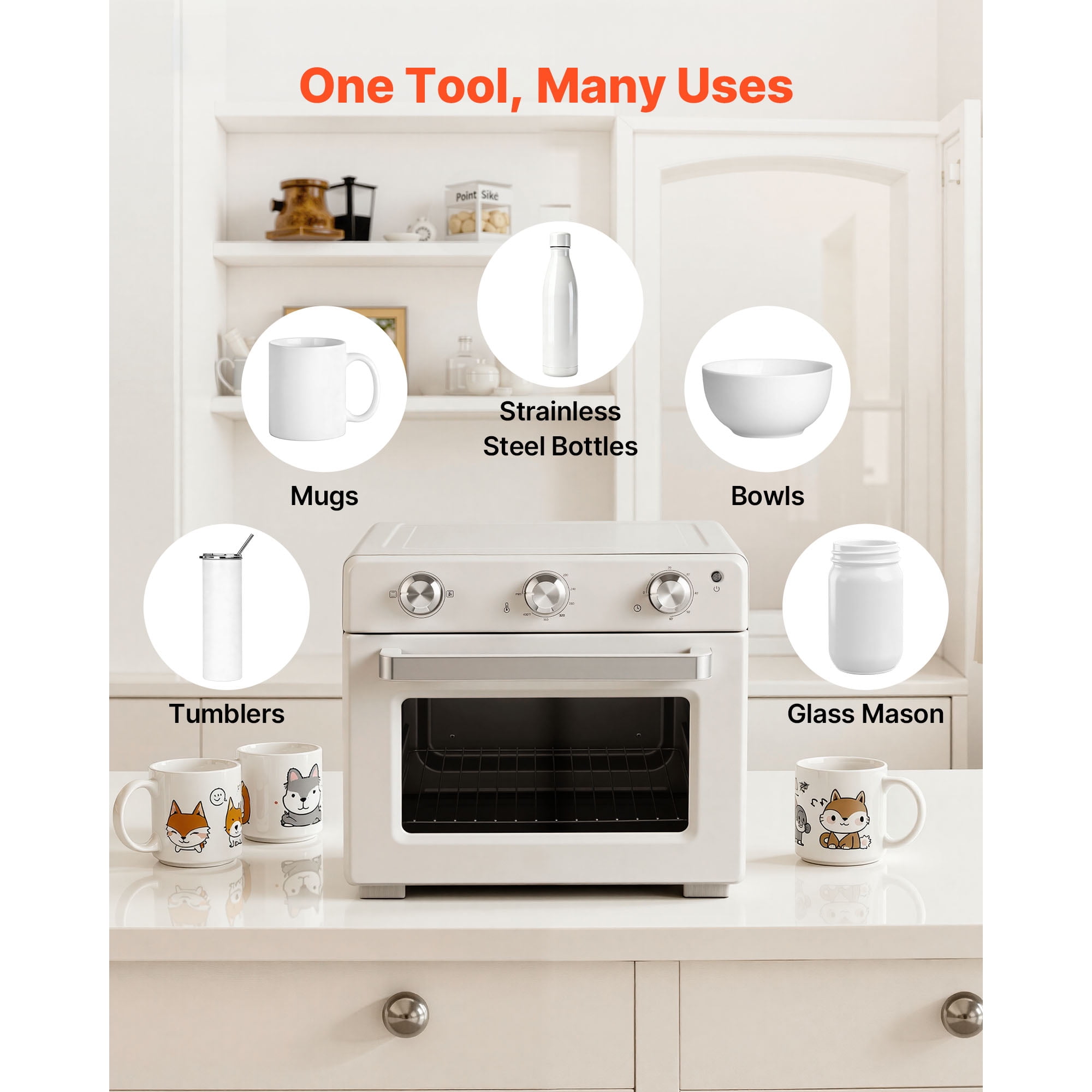 KFFKFF 26 Qt Sublimation Oven Machine, Compatible with 40oz Tumblers, Includes 50 Shrink Films, 1 Tape, and 2 Heat Gloves, 360° Turbo Convection for Sublimation Tumblers, Mugs, Bowls, Off-White