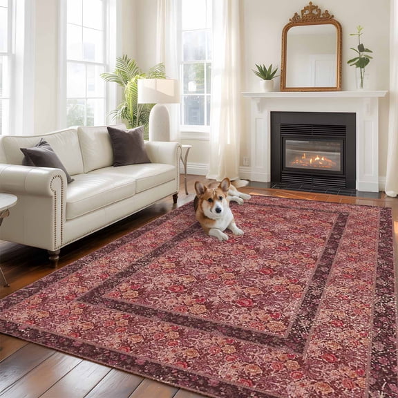 Bohemian Large Area Rugs 8x10 ft Dark Red Vintage Flowers Texture Traditional Ethnic Washable Rug Non Slip Indoor Carpet Absorbent Floor Mat for Living Room Bedroom Dining Room