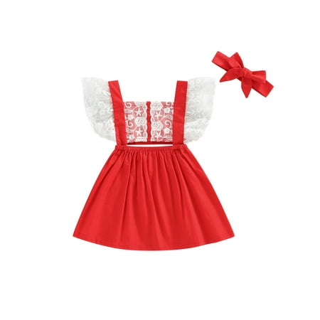 

Binpure Baby Girl Romper Outfits Set Sweet Patchwork Lace Fly Sleeve Princess Dress with Headband
