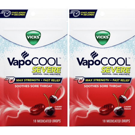 Vicks VapoCool CHERRY Severe Menthol Drops MAX STRENGTH cold Medicine for Sore Throat Remedy 18 Per Pouch (2 PACK)