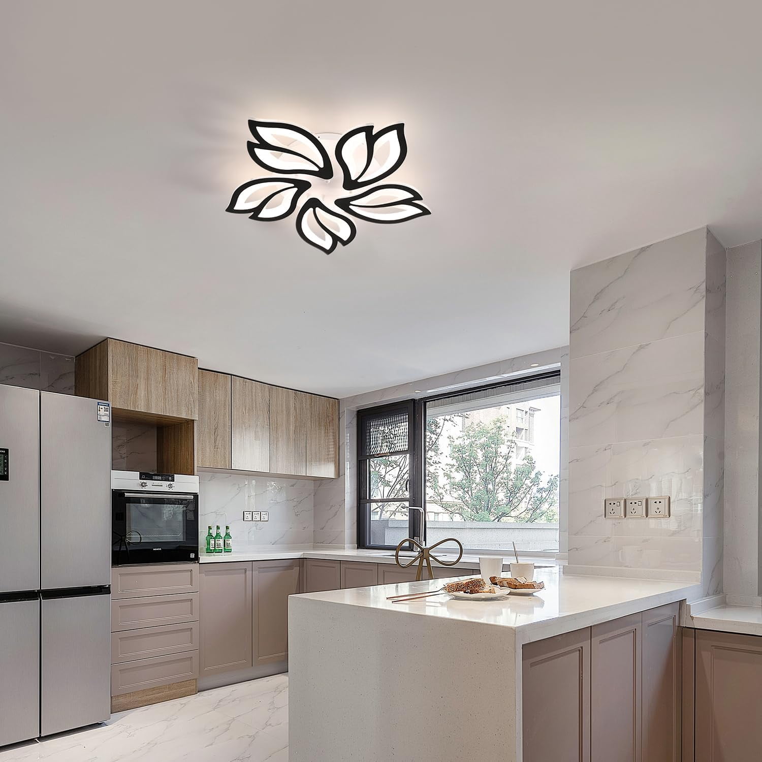 Garwarm LED Ceiling Light Fixture, 60W Modern Leaves Ceiling Lamp Dimmable Black Flush Mount Ceiling Chandelier for Living Room Study Room Dining Room Bedroom