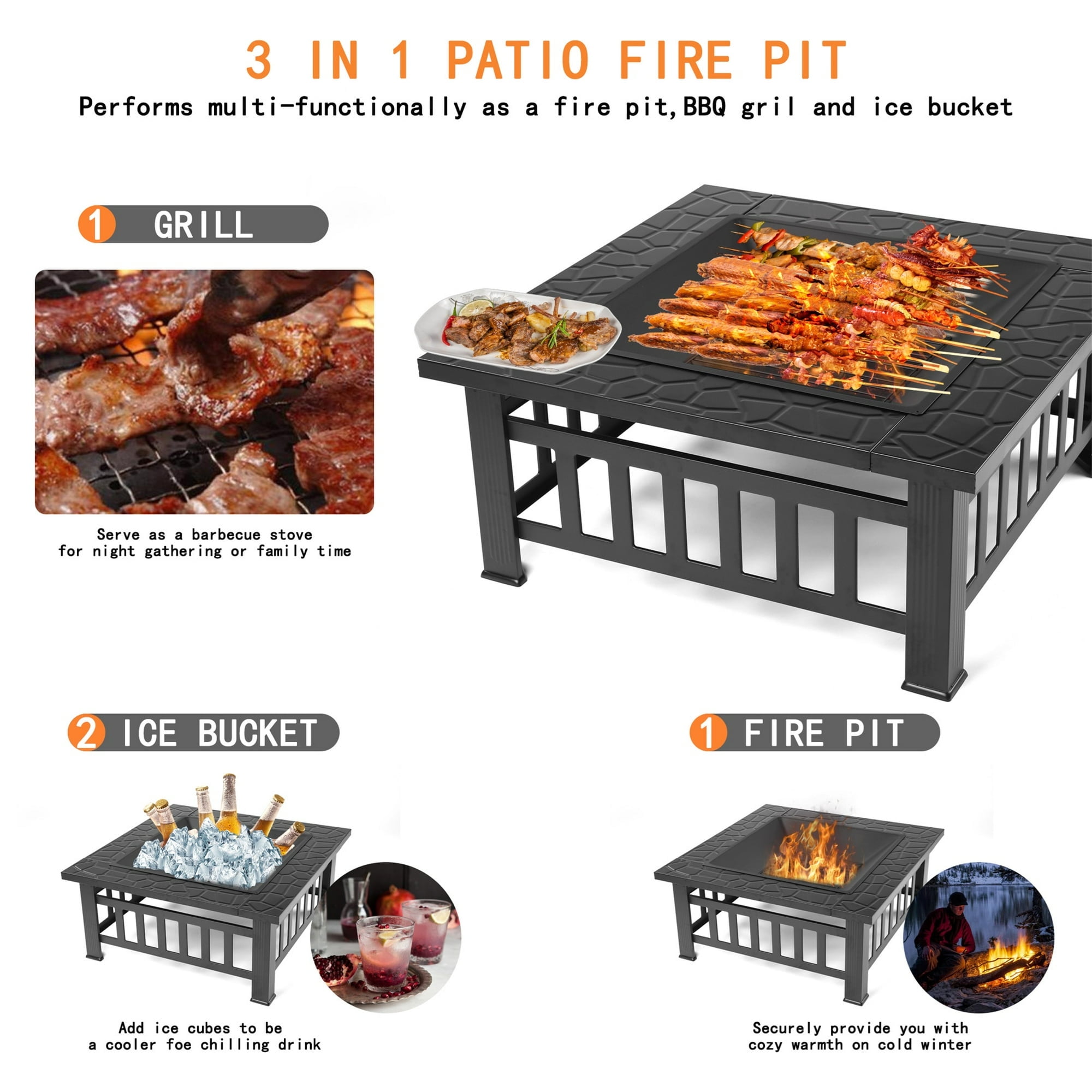 YDLW 32 Inch Square Fire Pit,Outdoor Fire Pit,Wood Burning Firepit,Bonfire Fire Pit,Firepits for Outside,Camping, Backyard, Patio,Bonfire
