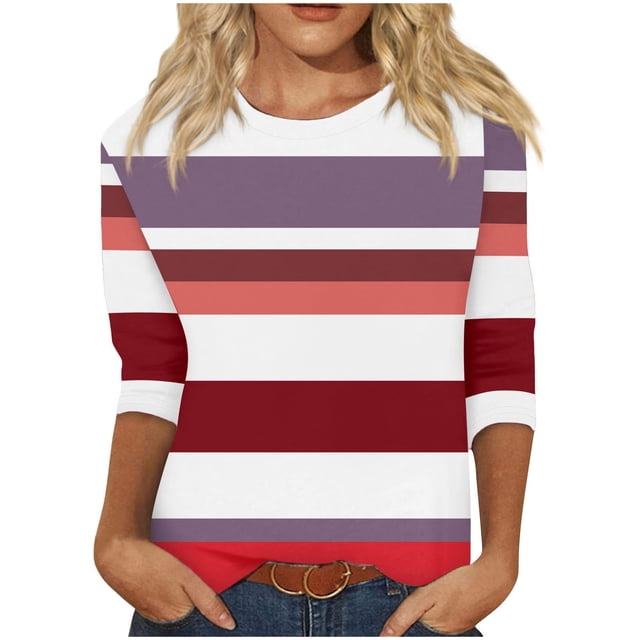 cfhntfmh Hauts pour Femmes Automne 2024 Blouses à Col Rond à Blocs de Couleur Tendance Manches 3/4 Décontractées Tunique Ample