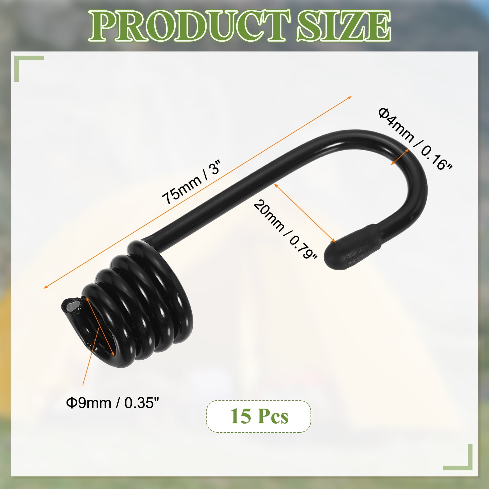 Uxcell 7/16"(11mm) Bungee Cord Hooks 3.3" Length, 15Pcs Heavy Bungee Shock Cord Hook Spiral Wire Hooks End for Rope Strapping Tape Camping Tents Trucks Boats, Black