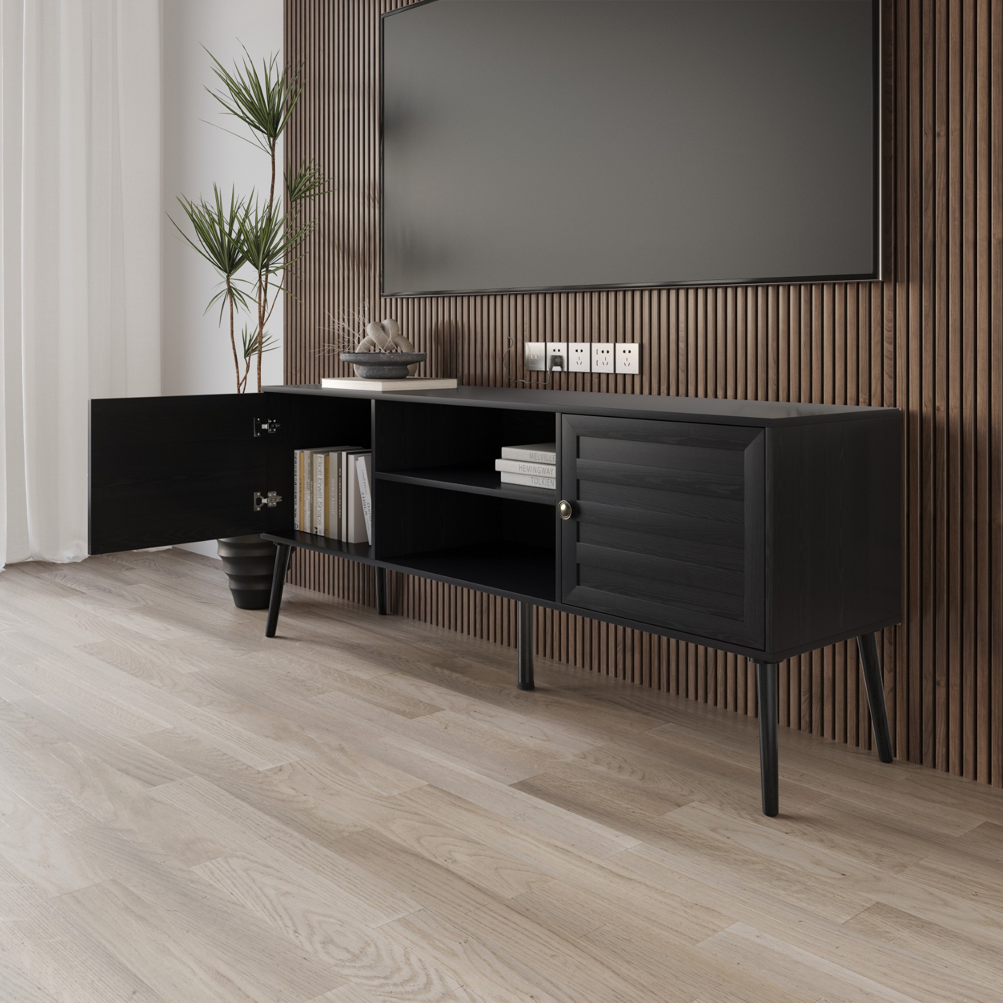 Home Design Dixon 63" TV Stand with Spacious Storage Compartments and Open Shelves, Modern Vintage Design for Living Room, Black