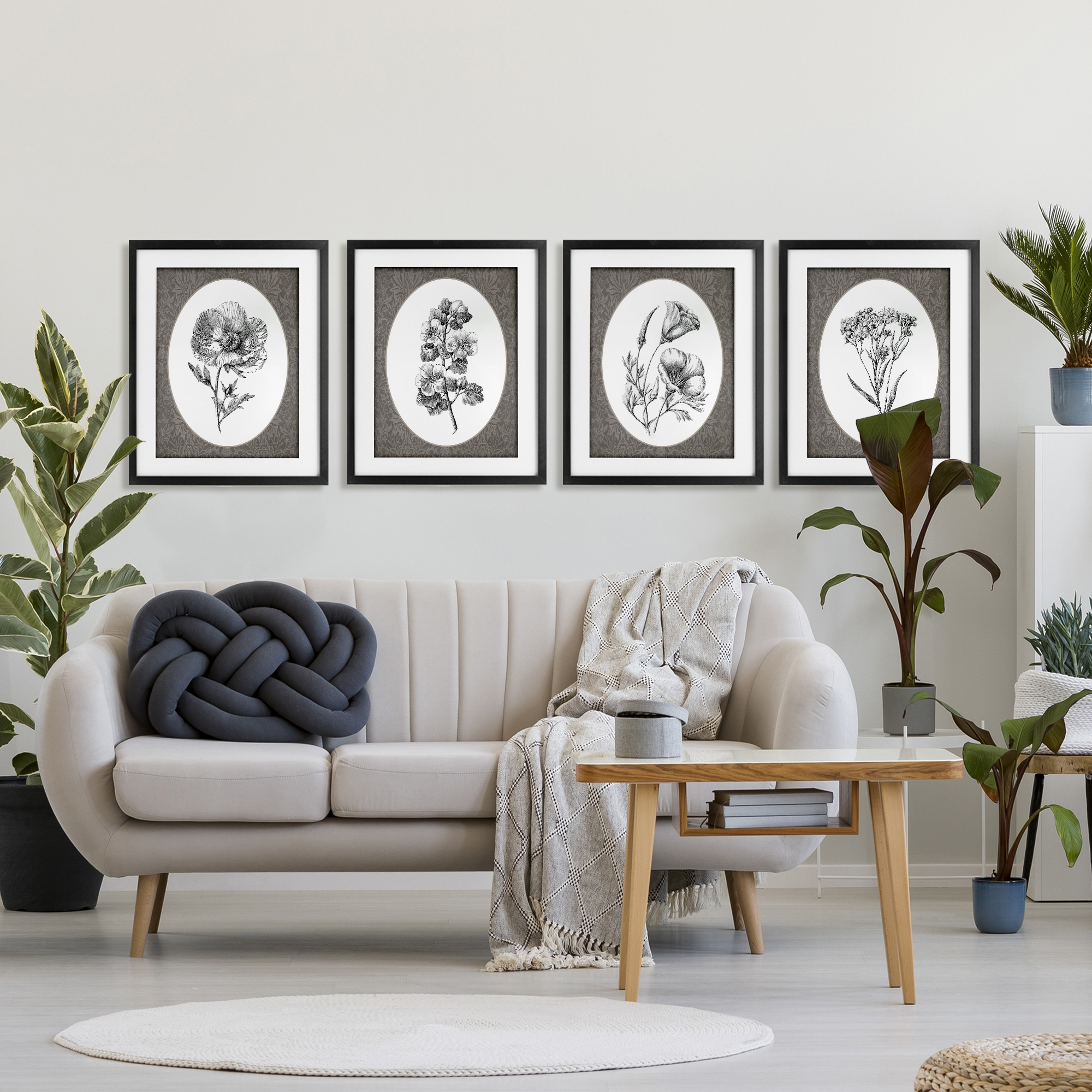 Ornate Blooms over Damask 4 Piece Black Framed Print Under Glass Set, design by Lettered and Lined