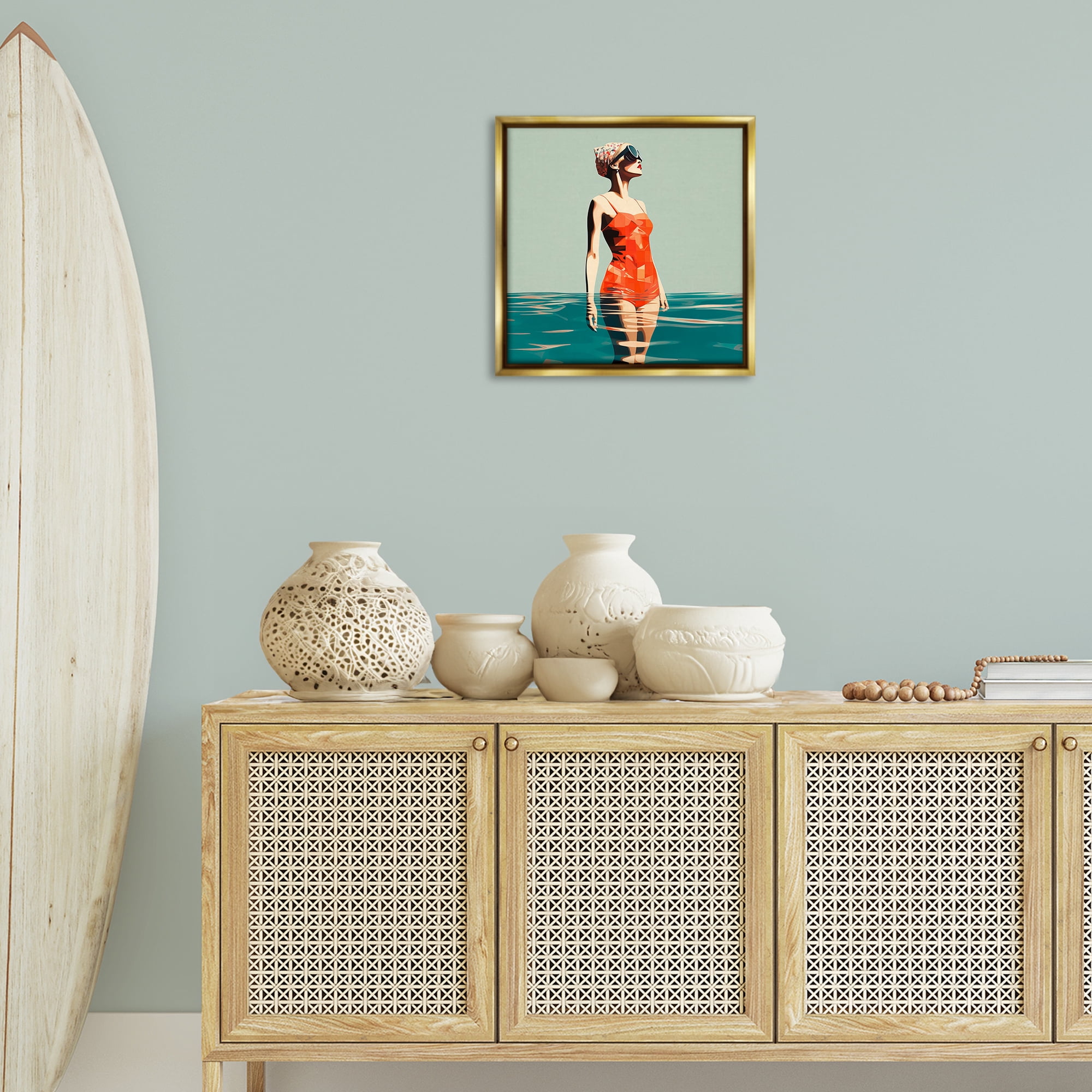 Stupell Industries Retro Woman in Swimsuit Novelty Painting Gold Floater Framed Canvas Art Print Wall Art, 18 x 18