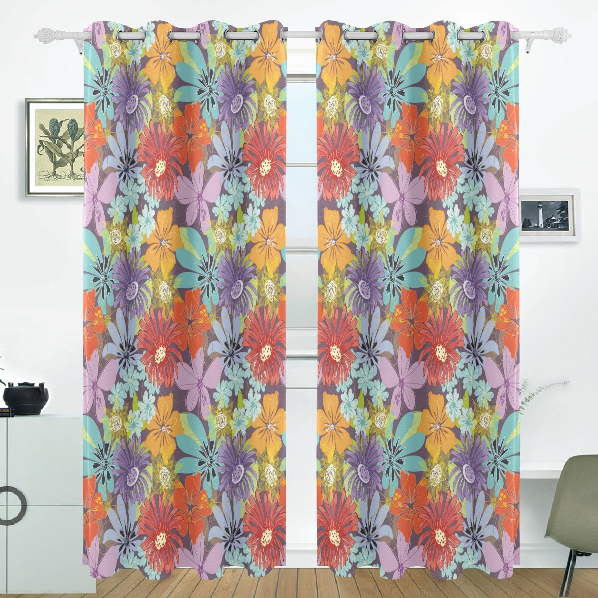 POPCreation Watercolor Flowers Floral Window Curtain Blackout Curtains