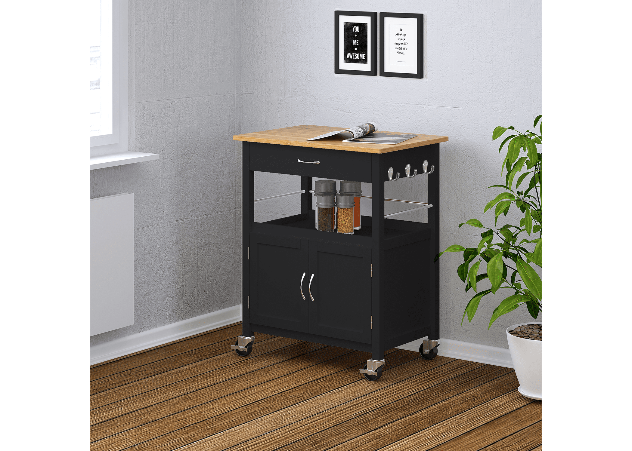 EHemco Kitchen Island Cart Natural Butcher Block Bamboo Top With Black Base Walmartcom Walmartcom