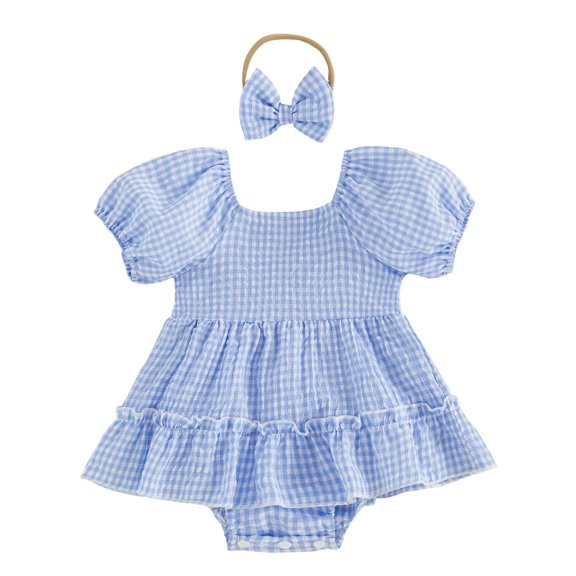 Fesfesfes Baby Toddler Girls Plaid Puff Sleeve Romper Dress with Bow Headband, Cute Summer Short Sleeve Onesie Bodysuit Outfit for Daily Wear Kids 0-18 Months Old.