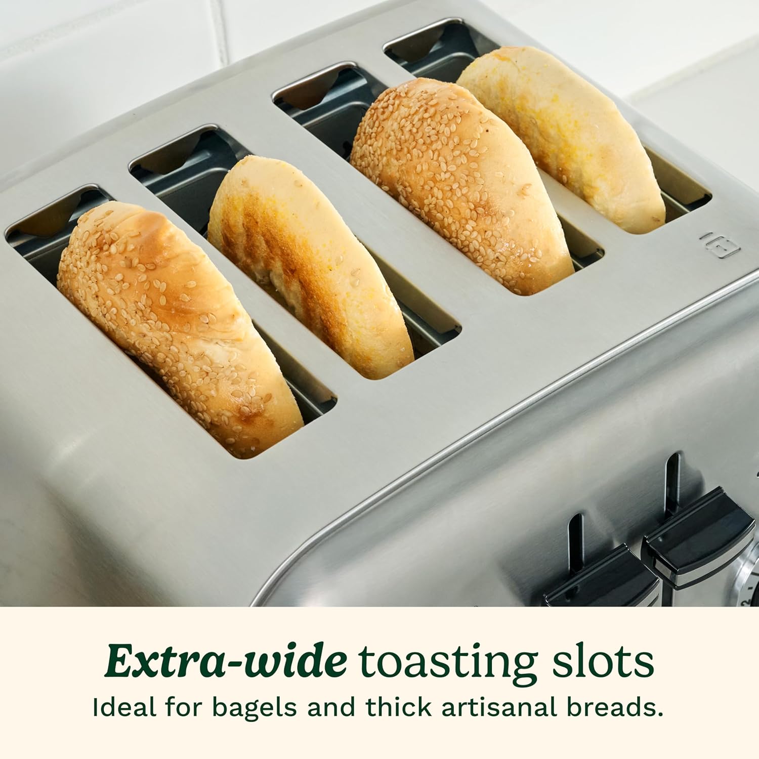 4 Slice Compact Stainless Steel Toaster with Extra-Wide Slots for Bread, French Toast, Bals & Pastries, Defrost Reheat Functions, CPT-180P1, Brushed Stainless, Removable Crumb Tray