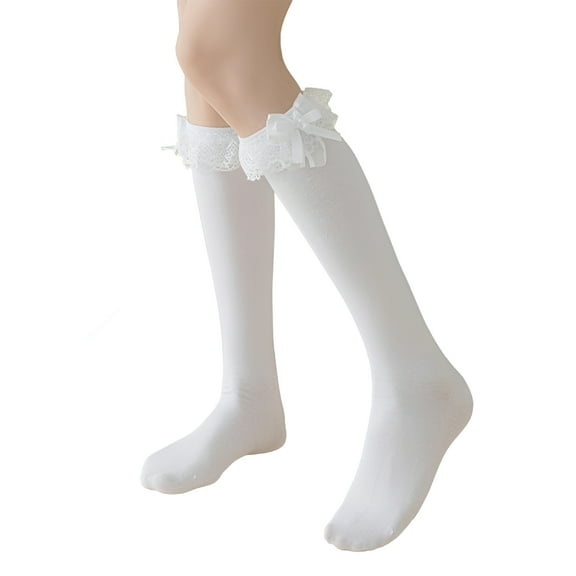 TELOLY Women'S Girl Cotton Knee High Socks with Lace Ruffle Trim, Calf Socks Bow Style, White Lace Knee High Socks