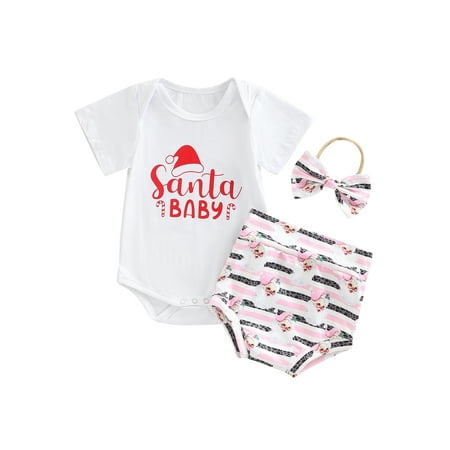 

Canrulo 3Pcs Newborn Baby Girls Christmas Outfits Santa Short Sleeve Tops Romper and Shorts Headband Xmas Set White 0-3 Months