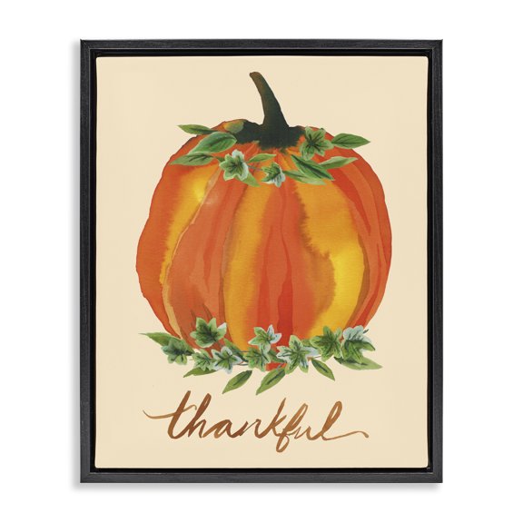 Stupell Industries Farmhouse Thankful Orange Pumpkin Leaf Botanicals Autumn Plants Black Floating Frame Canvas Art, 17 x 21, by Heather McLaughlin