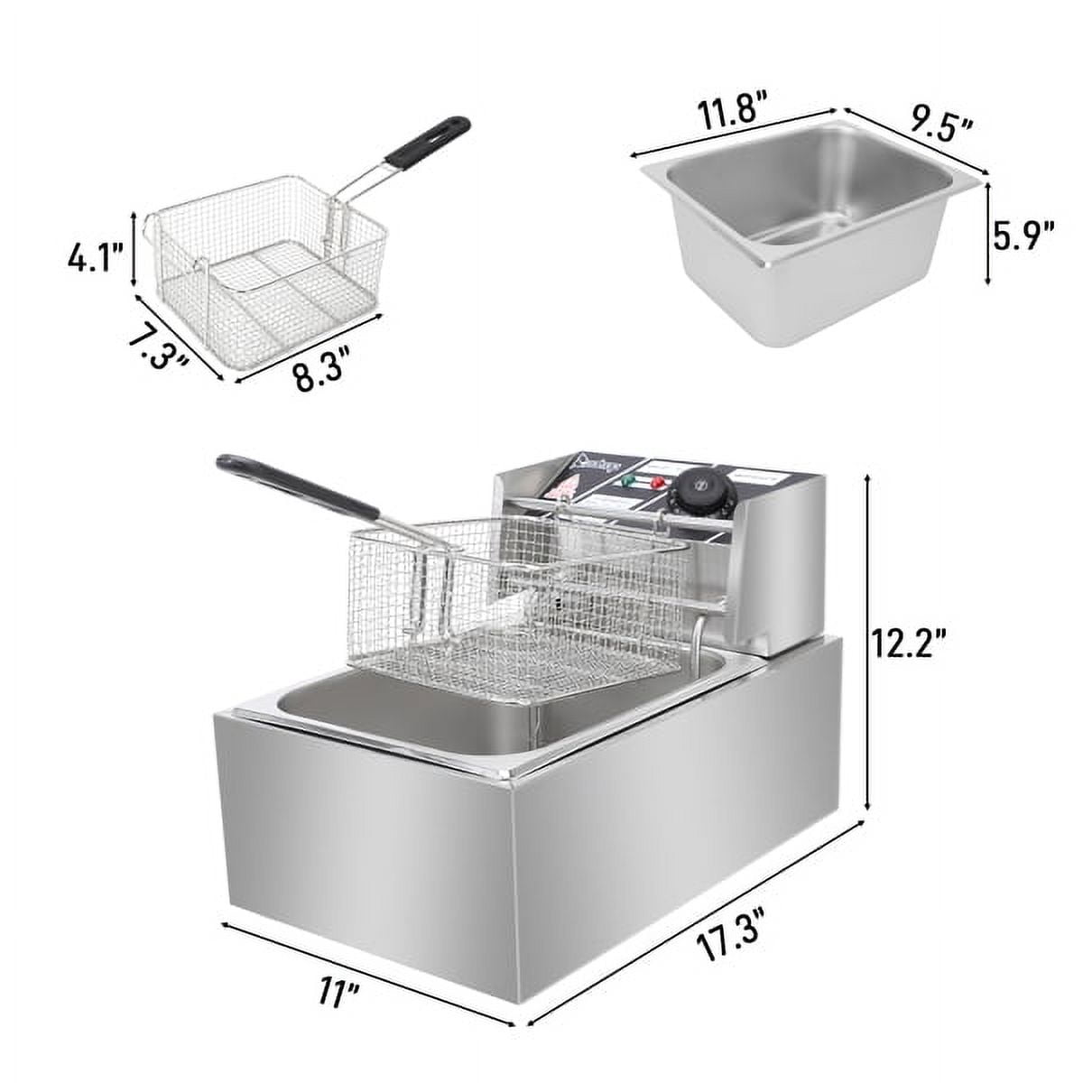 6L Commercial Deep Fryer, 2500W Electric Tabletop Fryer with Basket, Fast Heating Restaurant Fryer for Home Kitchen, Food Truck, Silver