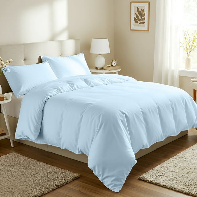 Beddora 3 Piece Duvet Cover Set, 100% Cotton Breathable Bedding Set, Soft Comforter Cover with 2 Pillow Shams, king - light blue