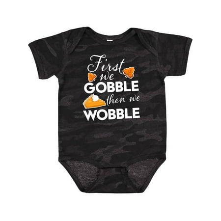 

Inktastic First We Gobble then We Wobble with Leaves and Pumpkin Pie in White Text Gift Baby Boy or Baby Girl Bodysuit