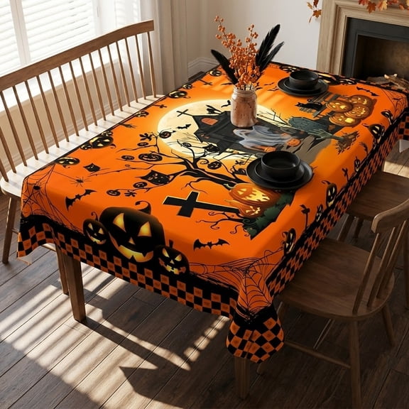 84x60in Orange Castle Ghost Pumpkin Halloween Tablecloth for Party Decor