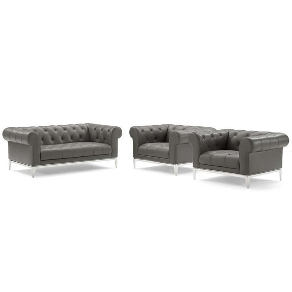 Modway Idyll Tufted Upholstered Leather 3 Piece Set in Gray