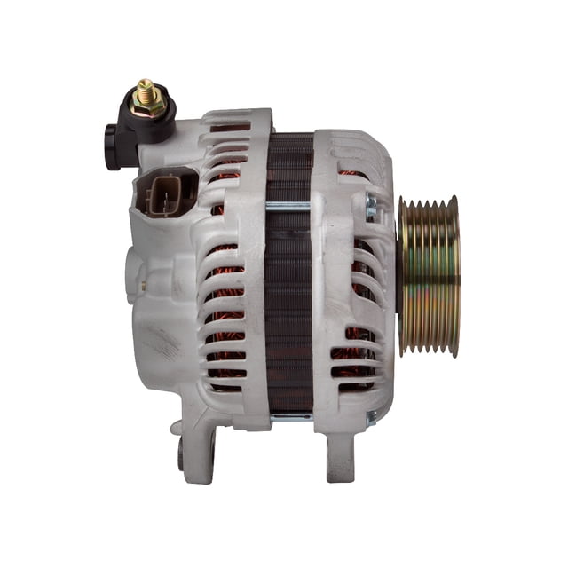 alternador mitsubishi outlander 2.4 2005 sis-mitsubishi 110a Alternador 12V 110A gris para sistema Mitsubishi Lancer/Outlander, vista lateral centrada con carcasa de aluminio ranurada, bobinado visible y polea de 6 ranuras, giro CW (horario). Terminales C(G)-S-L-FR y borne de carga expuestos; referencias A3TG1192, MN183450 y WAI 1281601MI2. Apto para reemplazo en modelos compatibles.