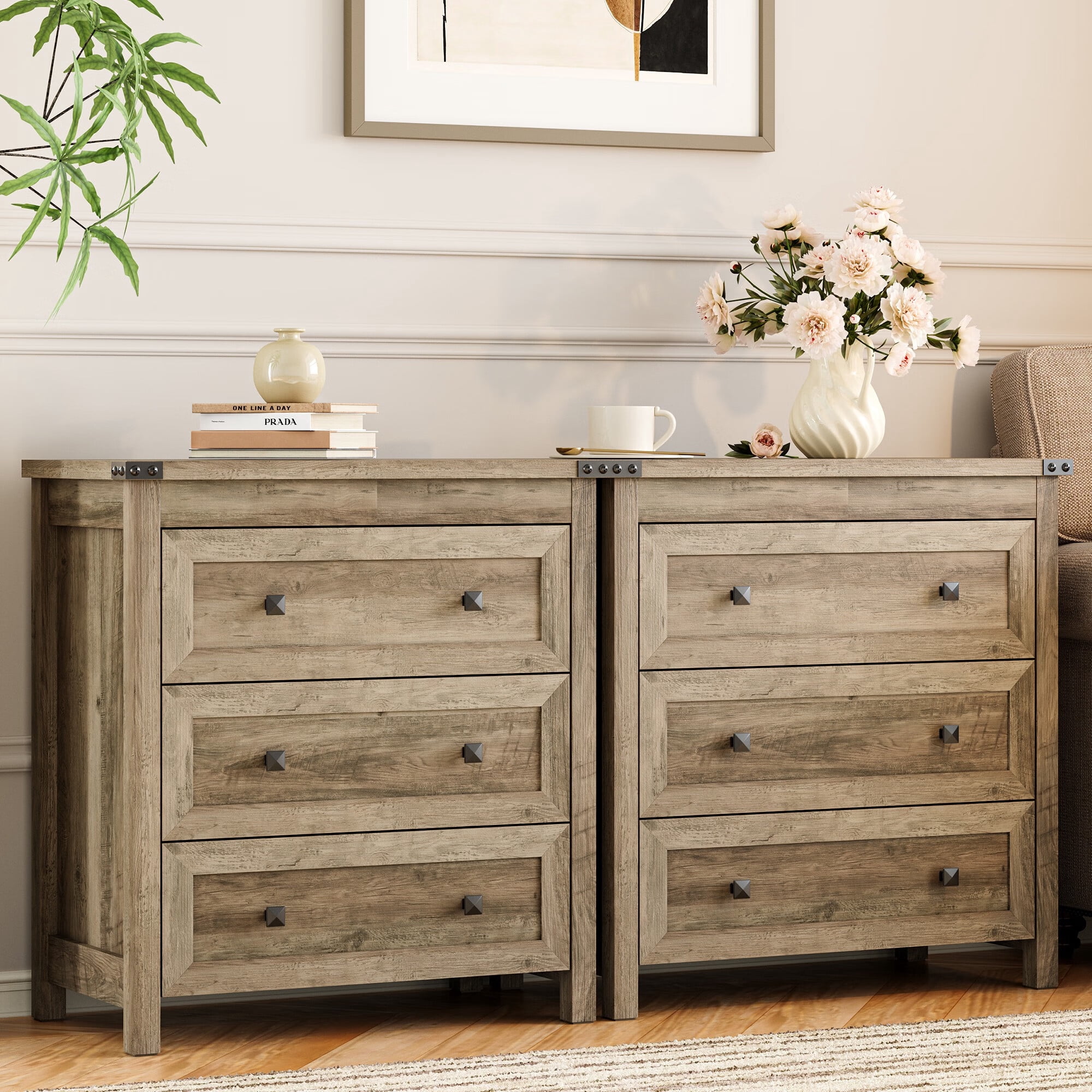 FANRAL 3 Large Drawer Nightstand,29.5" Tall Night Stand,27.5" Wide Side Table,Wood Bedside Table Modern End Table,Small Wide Dresser for Bedroom,Gray Nightstand