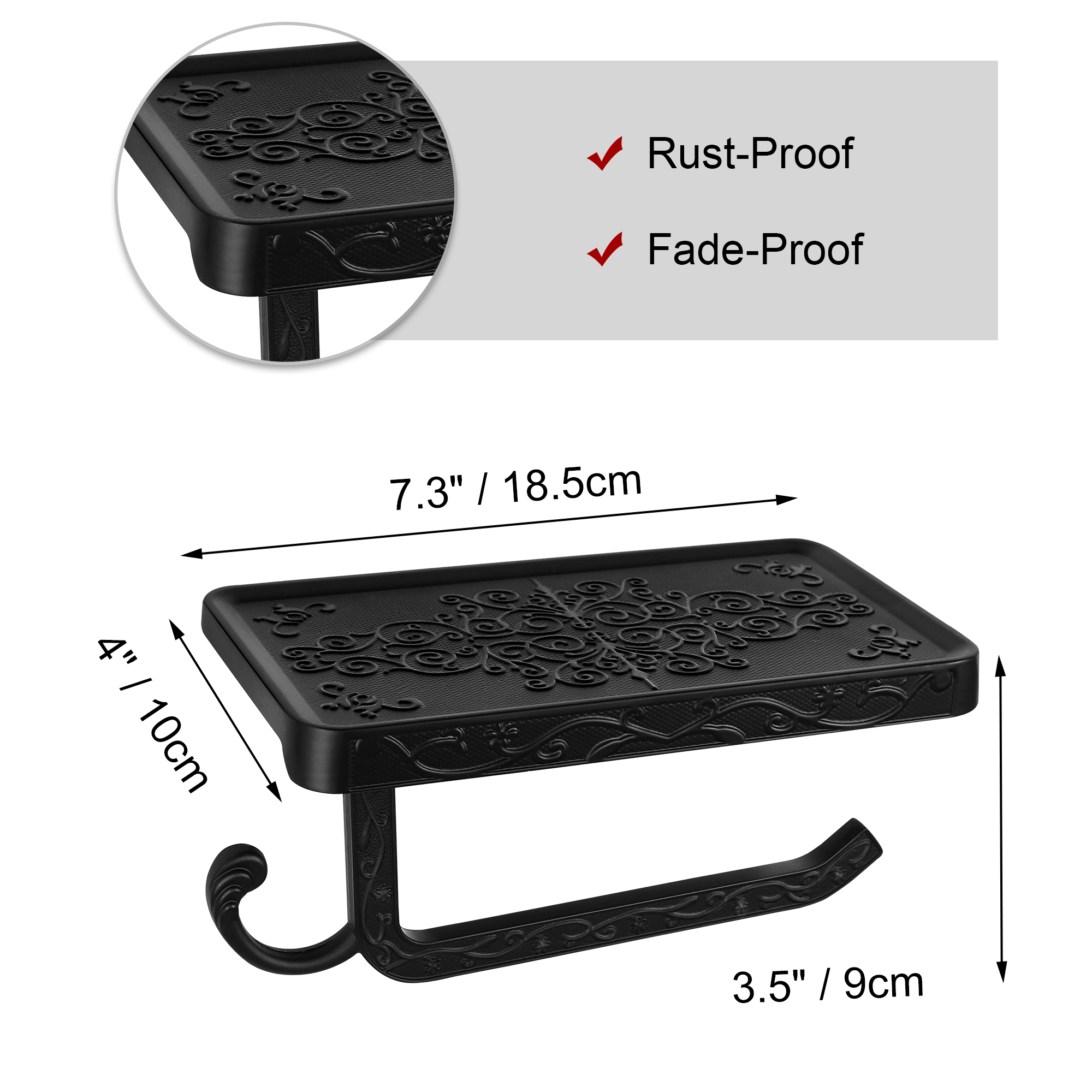 Unique Bargains Toilet Paper Holder with Phone Shelf Aluminum Alloy Roll Holder Black
