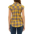 thumbnail image 4 of INSPIRE CHIC Women's Point Collar Short Cap Sleeves Plaids Button Down Shirt L Yellow, 4 of 8