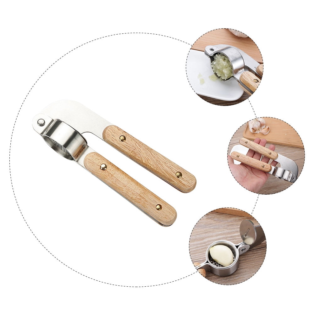 HOOWIFFY Stainless Steel Manual Garlic Masher with Khaki Handle, Kitchen Tool and Versatile Garlic Press for Easy Cooking