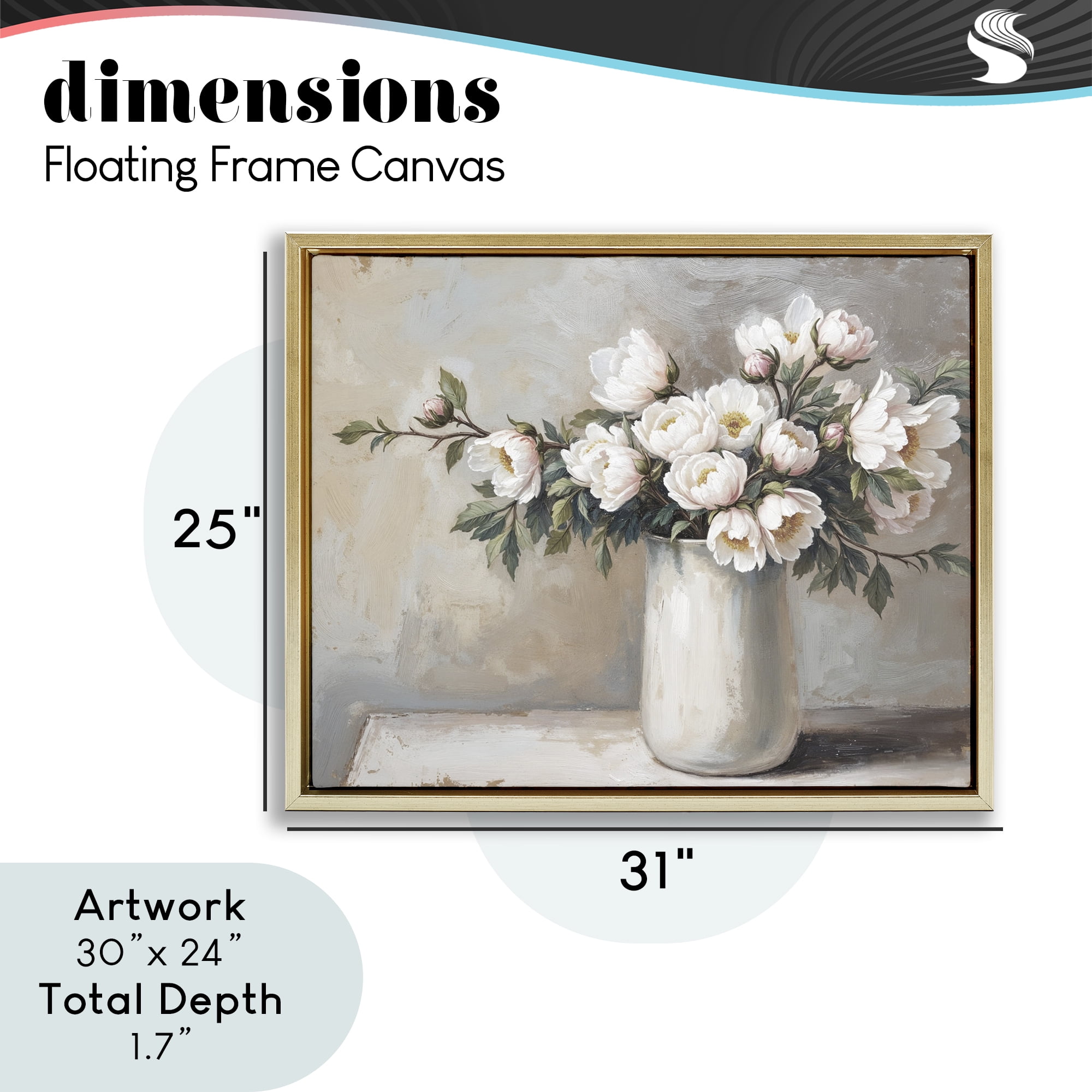 White Flowers in Vase Still Life Gold Framed Floater Canvas Wall Art, design by Lettered and Lined