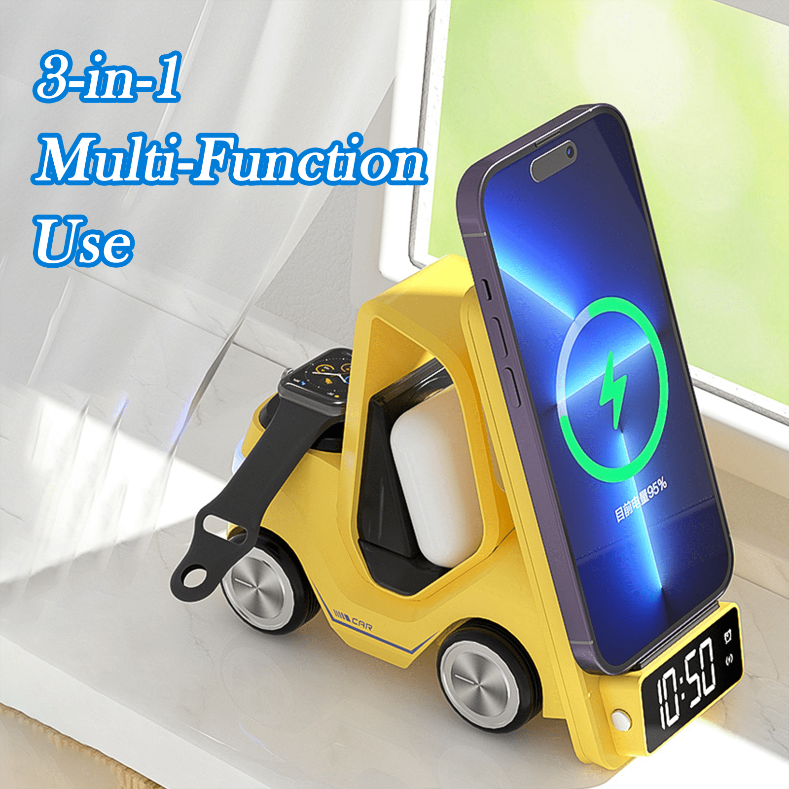4 in 1 Wireless Charging Station Alarm Clock, Charging Dock for Apple Devices, Charger Stand for iPhone 16 15 14 13 12 11 Pro Max for Apple Watch & AirPods