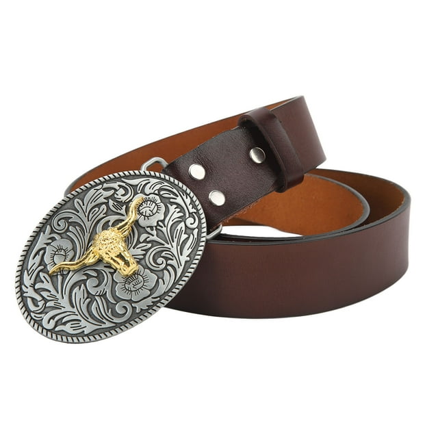 Cinturones de Cuero Vaquero para Hombre, Cinturones Vintage retro Ajustables Con Hebilla de Cuerno Largo
