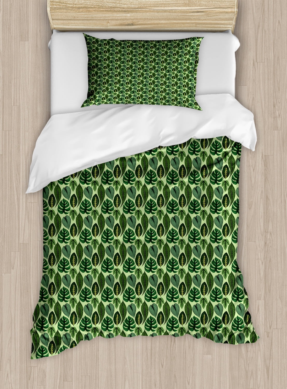 Exotic Duvet Cover Set, Composition of Hand Drawn Tropical Palm Leaves