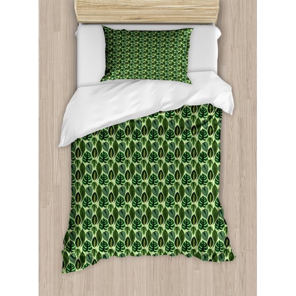 Exotic Duvet Cover Set Twin Size, Composition of Hand Drawn Tropical Palm Leaves and Jungle Plants, Decorative 2 Piece Bedding Set with 1 Pillow Sham, Green Dark Green Pale Green, by Ambesonne