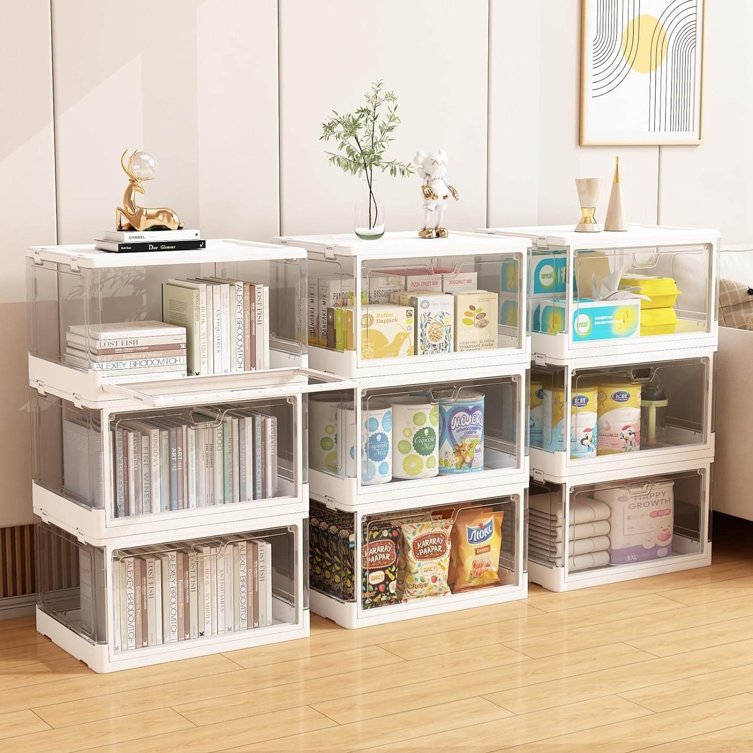3-Pack Clear Stackable Storage Bins with Lids Magnetic Doors Open Front Foldable Folding Plastic Craft Containers Large Closet Organizers Box for Bedrooms Living Rooms Study 24 QT