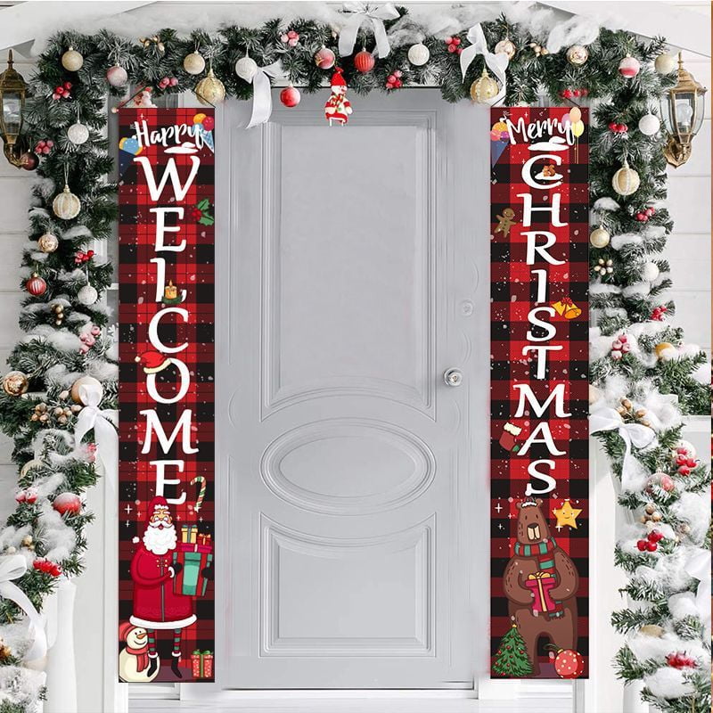 12 x 71 Inch Merry Christmas Happy New Year Buffalo Plaid Banners for Front Door Snowman Gnome Welcome Hanging Porch Signs for Home Wall Yard Indoor Party Decor Christmas Decorations Outdoor