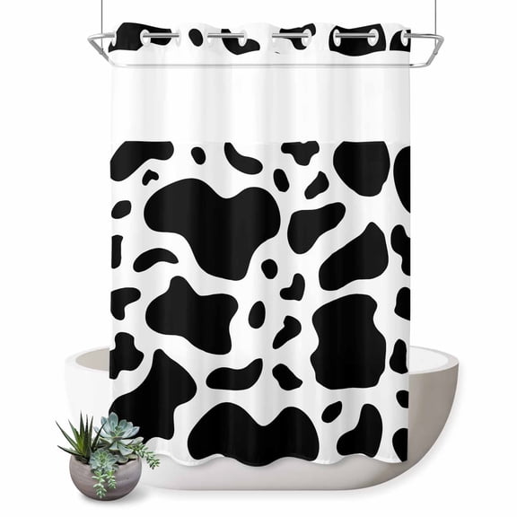 No Hook Shower Curtain with Built-in Rings - Black And White Cow Print Washable Waterproof Fabric Bathroom Curtains for Hotel,Rentals, 72X 96 Inch Extra Long , Farmhouse