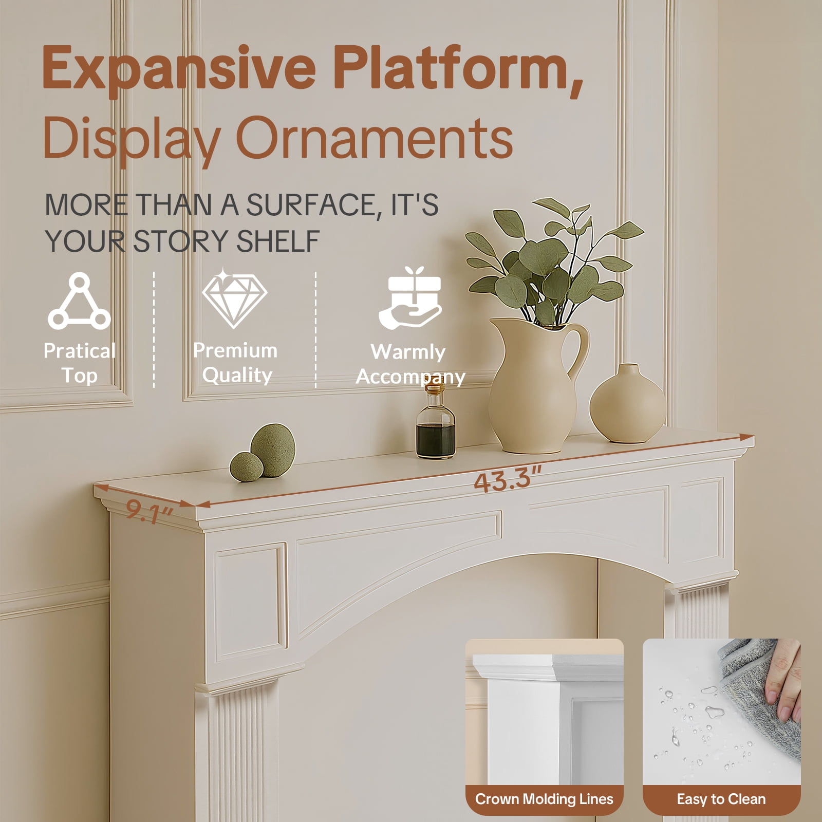 OUINCH 43.3" Fireplace Mantel, Freestanding Fireplace Surround with Leg for Electric Fireplaces, MDF Mantel Surround with Shelf for Living Room with Decorative Pattern, Anti-Tipping & Waterproof