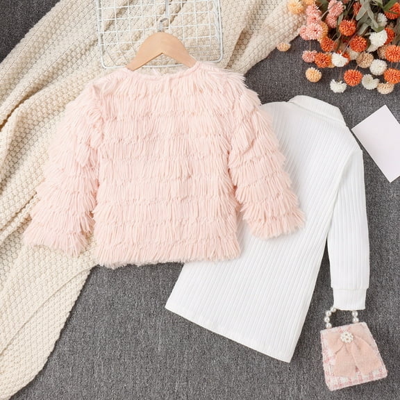 jsaierl Toddler Babby Girls Fall Outfits 2 Pcs Long Sleeve Turtleneck Sweater Dress and Fax Faux Fur Cardigan Jacket Sets Winter Clothes 4T-7T