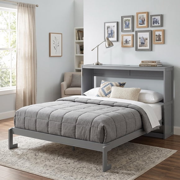 Homy Casa Queen Murphy Wall Bed, Space-Saving Fold-Away Wood Bed Frame with Cabinet Look for Guest Room, Gray