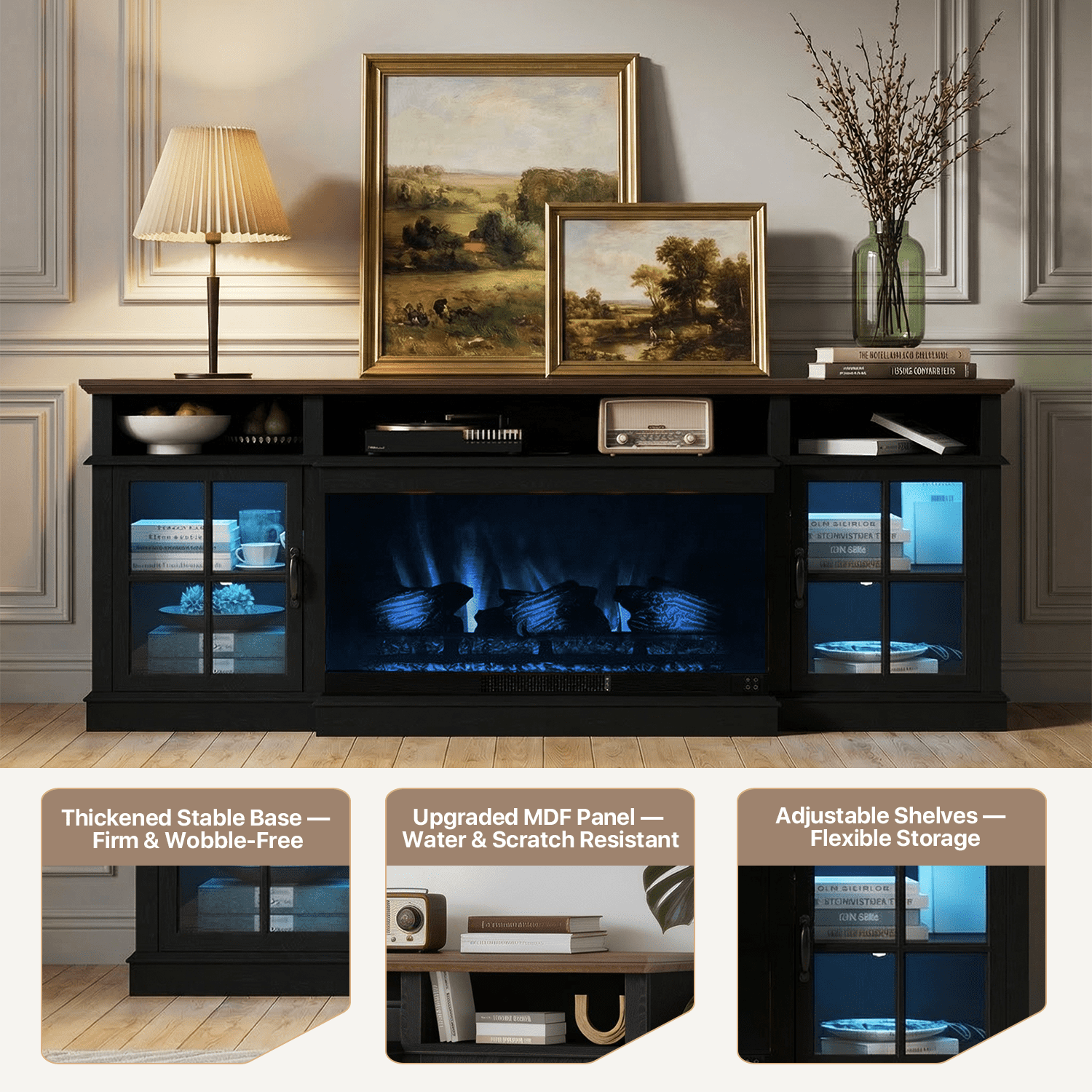 BaPiPro 70" Farmhouse Fireplace TV Stand for TVs Up to 80", Entertainment Center with 3-Sided 36" Electric Fireplace & LED Lights, 2 Drawers & 2 Storage Cabinet, Black
