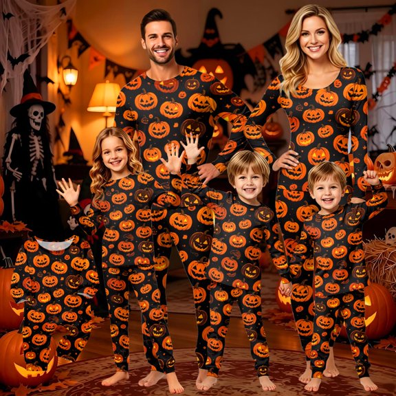 Grblisyd Matching Family Halloween Pajamas Set Cute Pumpkin Print 2-Piece Loungewear for Adults and Kids Holiday Family Pajamas